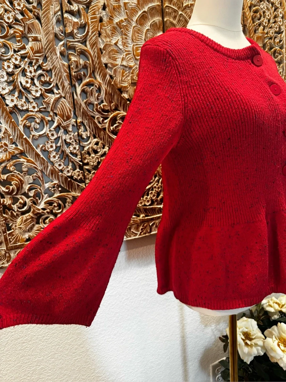 Coldwater Creek Red Peplum Button-Front Cardigan, Preppy Classic Academia- sz M - Picture 6 of 15